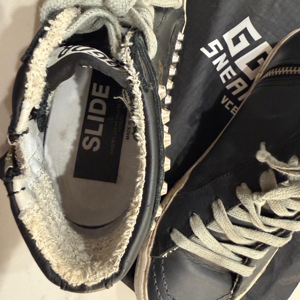 Golden Goose Black Leather Studded High-Top Sneakers with Gray Laces - Picture 7 of 11